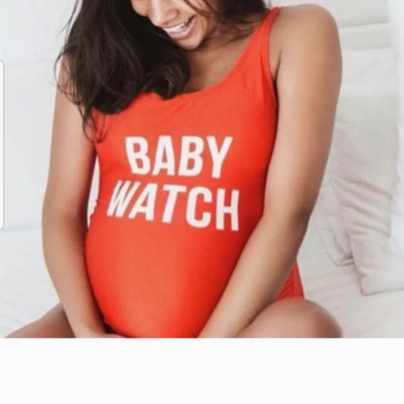 Red One Piece Maternity Swimsuit with Bold Text - Picture 2 of 2